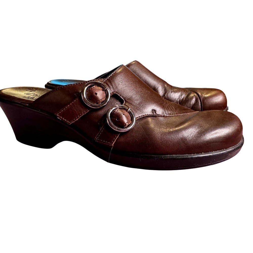 Clarks Brown Leather Dark Academia Buckle Clog Mule Slip On Shoes Size 8